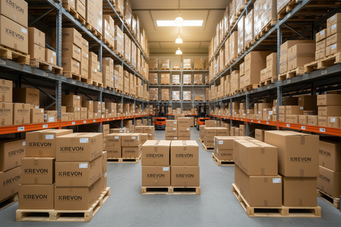 仓库中的 Krevon 品牌纸箱