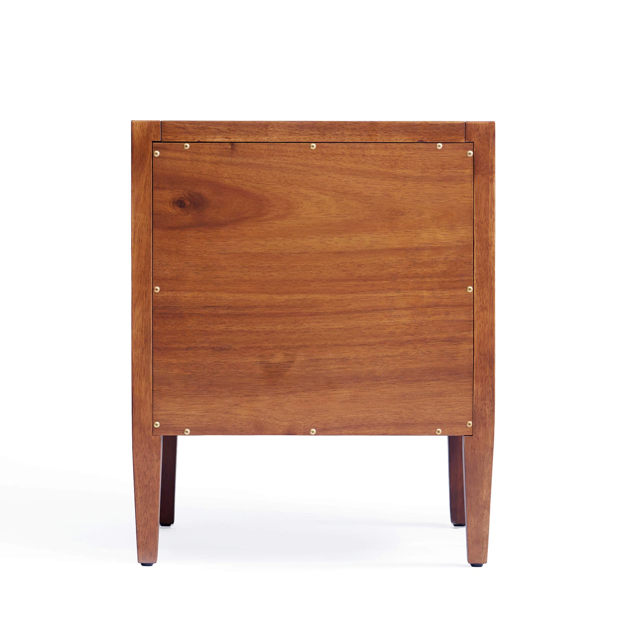 Rear view of Wing solid wood nightstand in dark walnut showing back panel construction and tapered leg detail