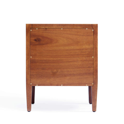 Rear view of Wing solid wood nightstand in dark walnut showing back panel construction and tapered leg detail