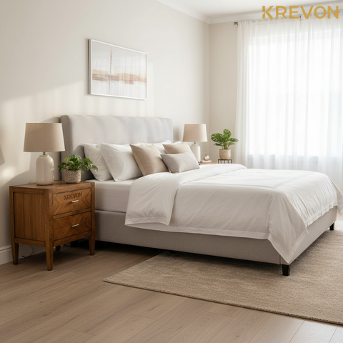Nightstand in modern bedroom with KREVON watermark