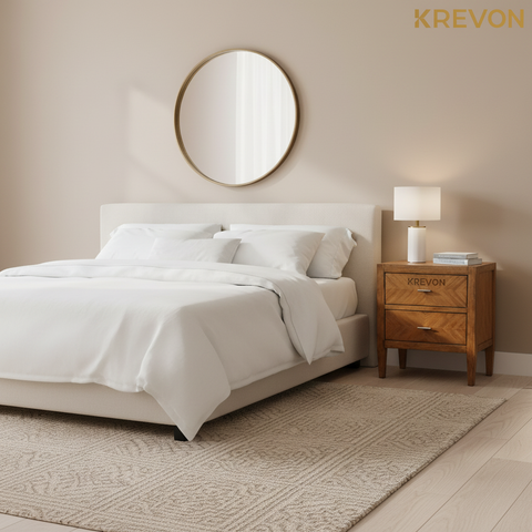 Nightstand with bed and rug showing scale with KREVON watermark