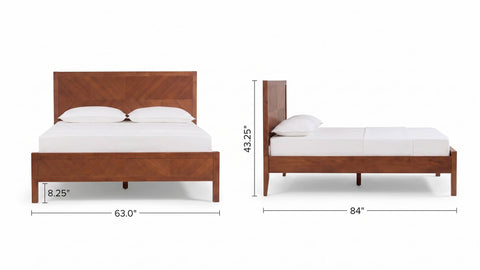 Wooden bed frame with dimensions on a white background