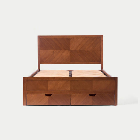 Wooden bed frame with checkered pattern on a white background