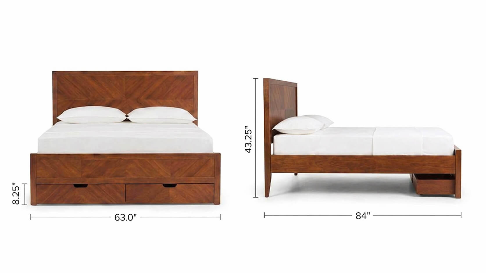 Wooden bed frame with dimensions on a white background
