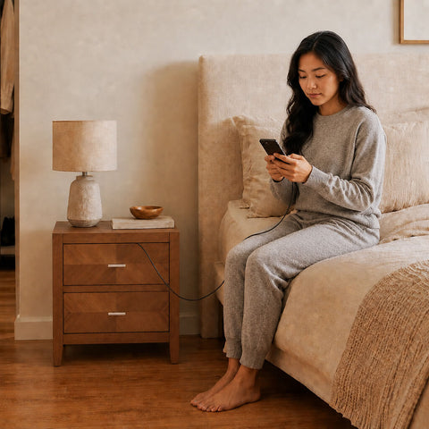 Woman sitting on bed using phone next to a solid wood 2-drawer nightstand in walnut finish, styled with a table lamp and decorative bowl
