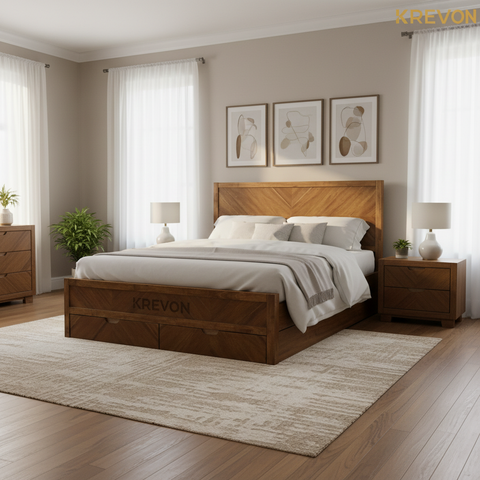 Storage bed in modern bedroom with KREVON watermark
