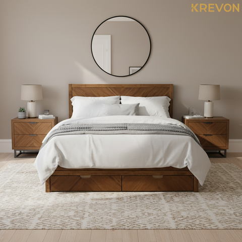Storage bed with nightstands and rug with KREVON watermark