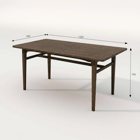 Cove solid wood dining table in a complete dining room set with chairs and bench in dark walnut